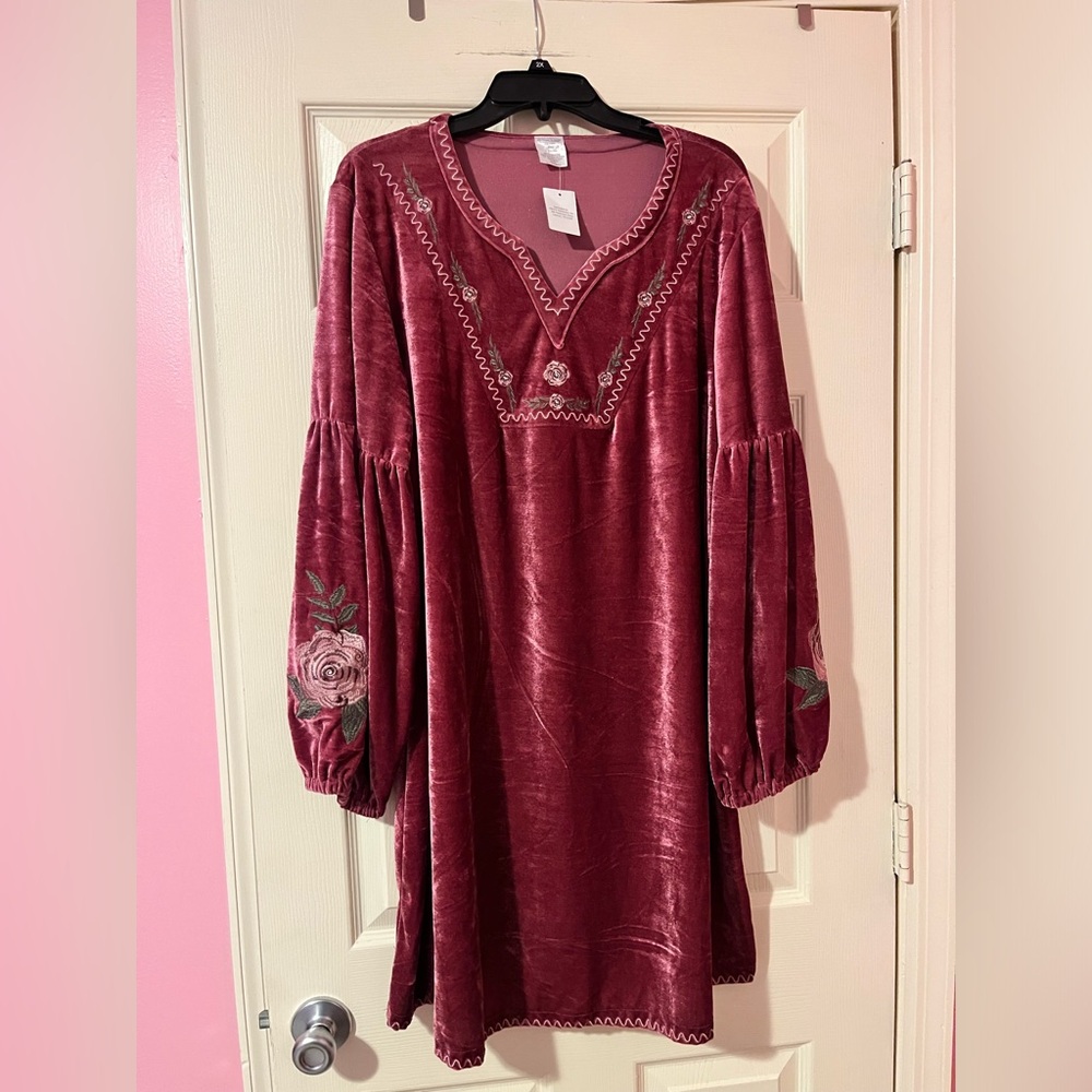 Embroidered Velvet Dress in Rich Burgundy